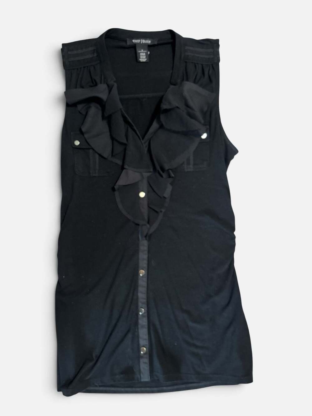 White House Black Market Sleeveless Blouse Size S Black Ruffle Button-Down
